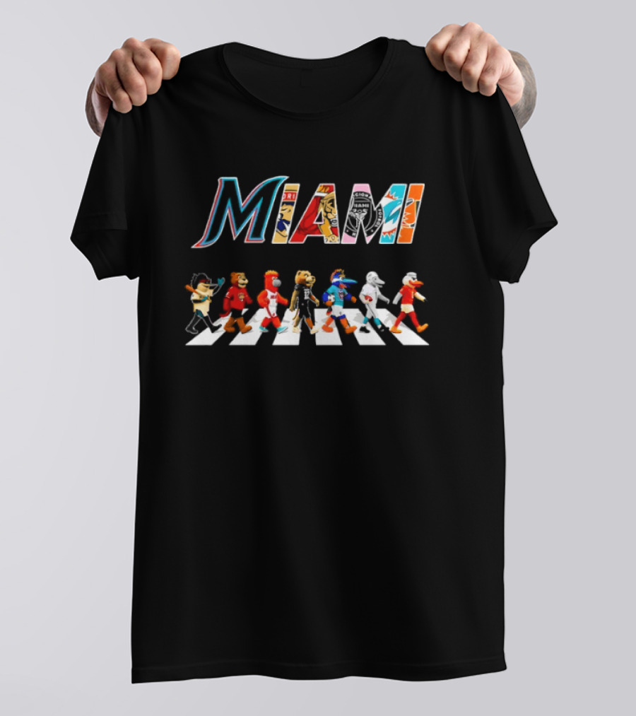 Miami Dolphins Heat Panthers Inter Miami CF Characters Walk Across Road T-Shirt