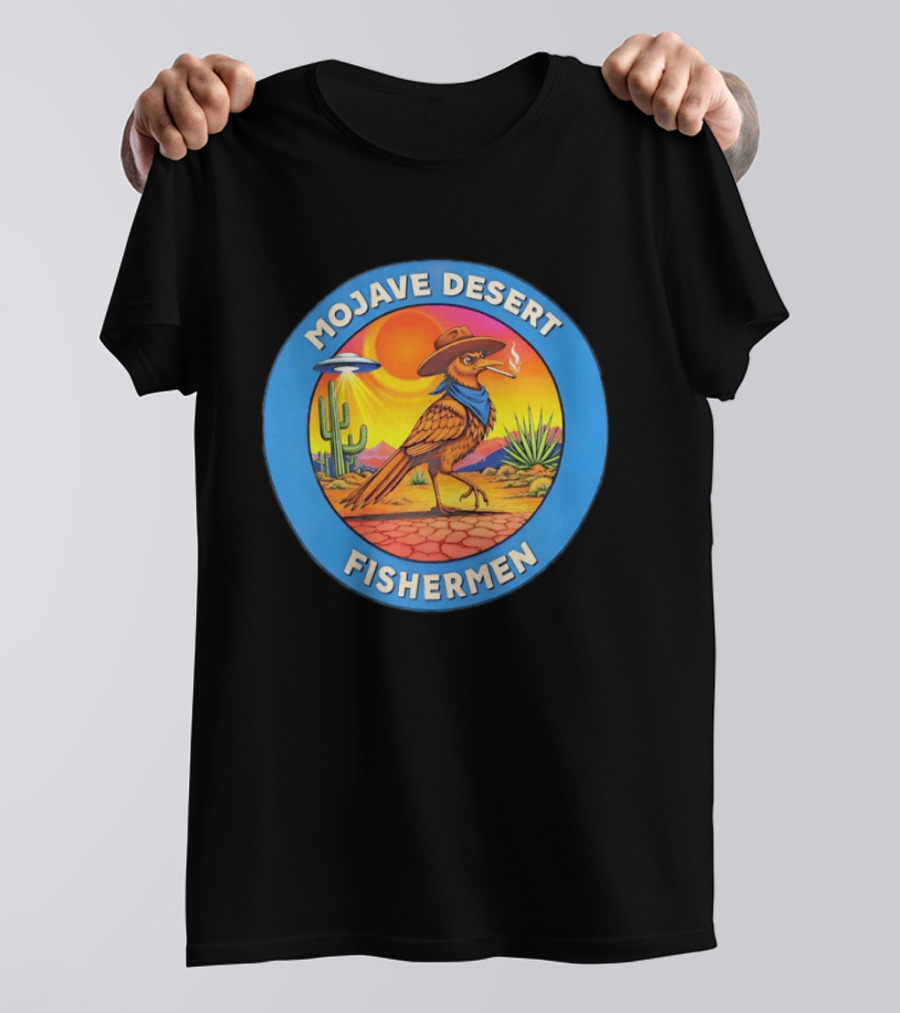 Mojave Desert Fishermen UFO Roadrunner Cowboy Sunset Cactus Circle T-Shirt