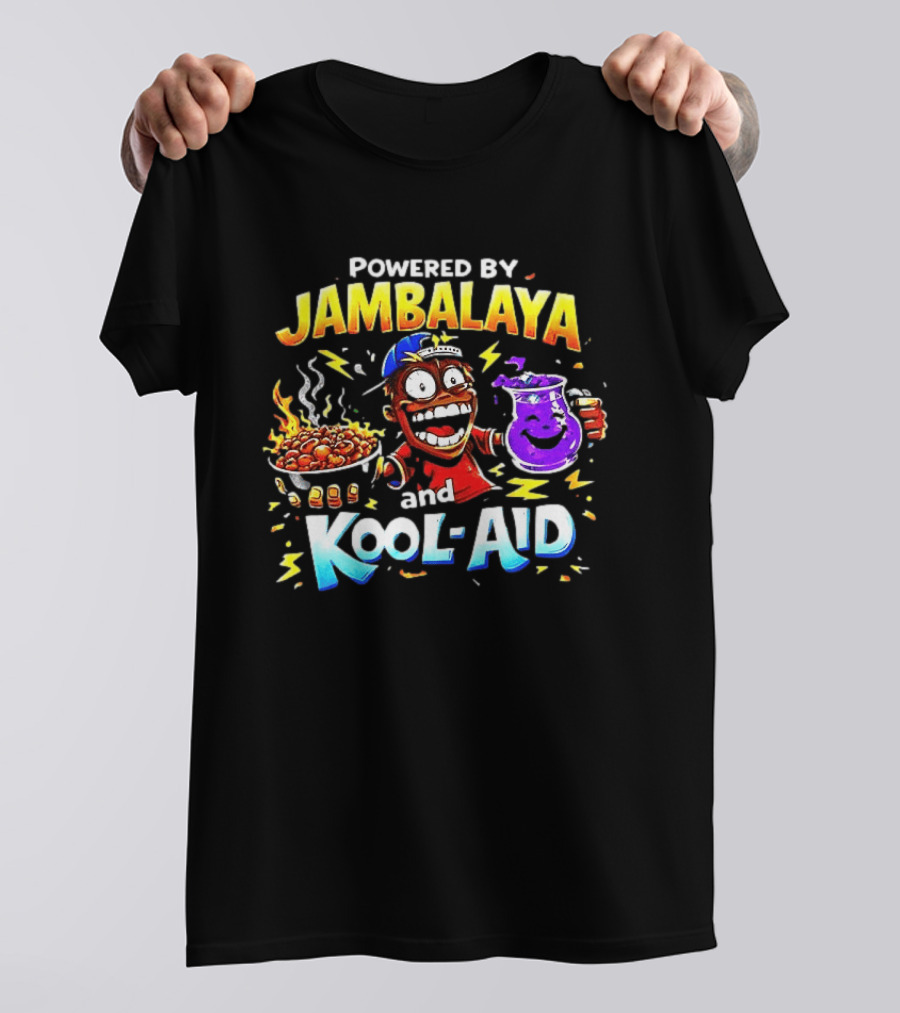 Powered By Jambalaya And Kool Aid Bold Colors Cartoon Character Fun T-Shirt