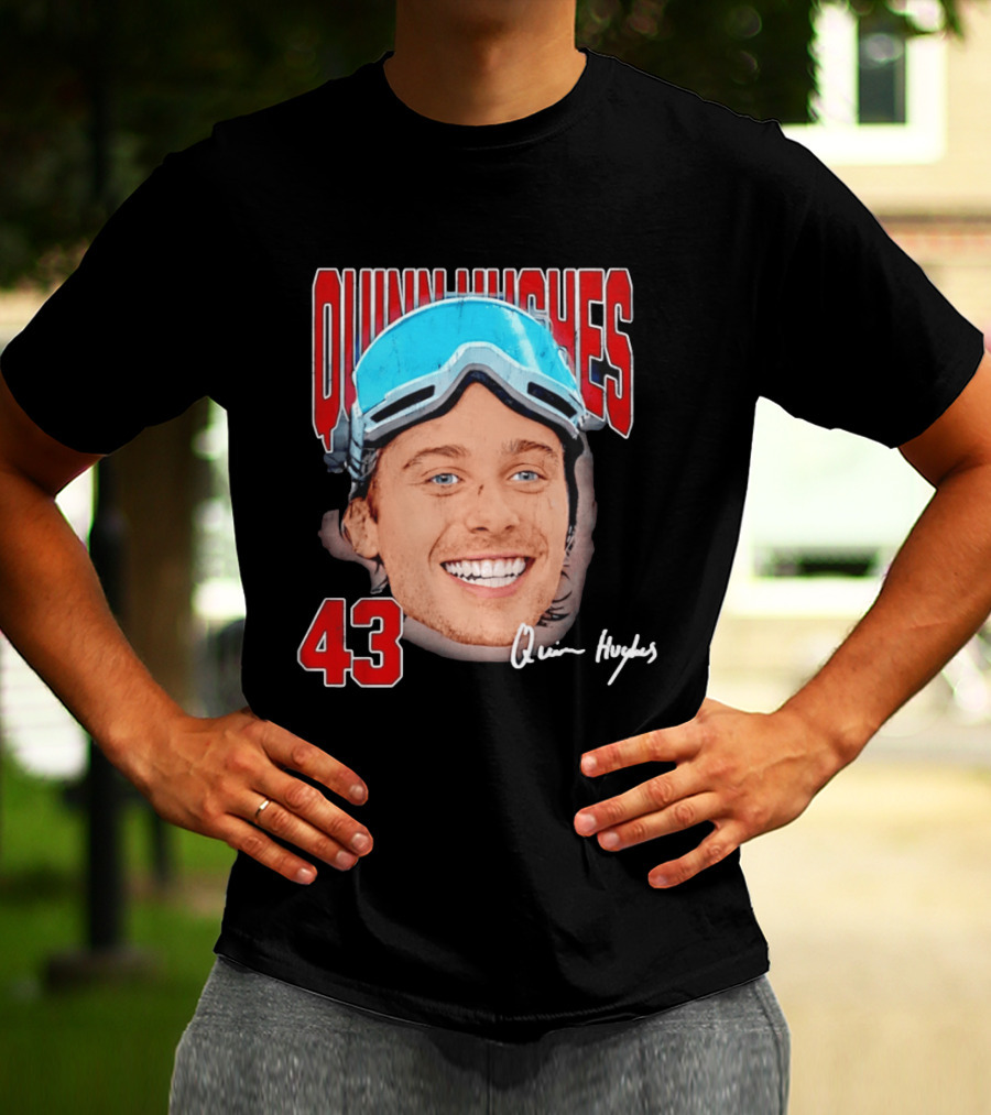 Quinn Hughes Big Head Goggles 43 Signature T-Shirt