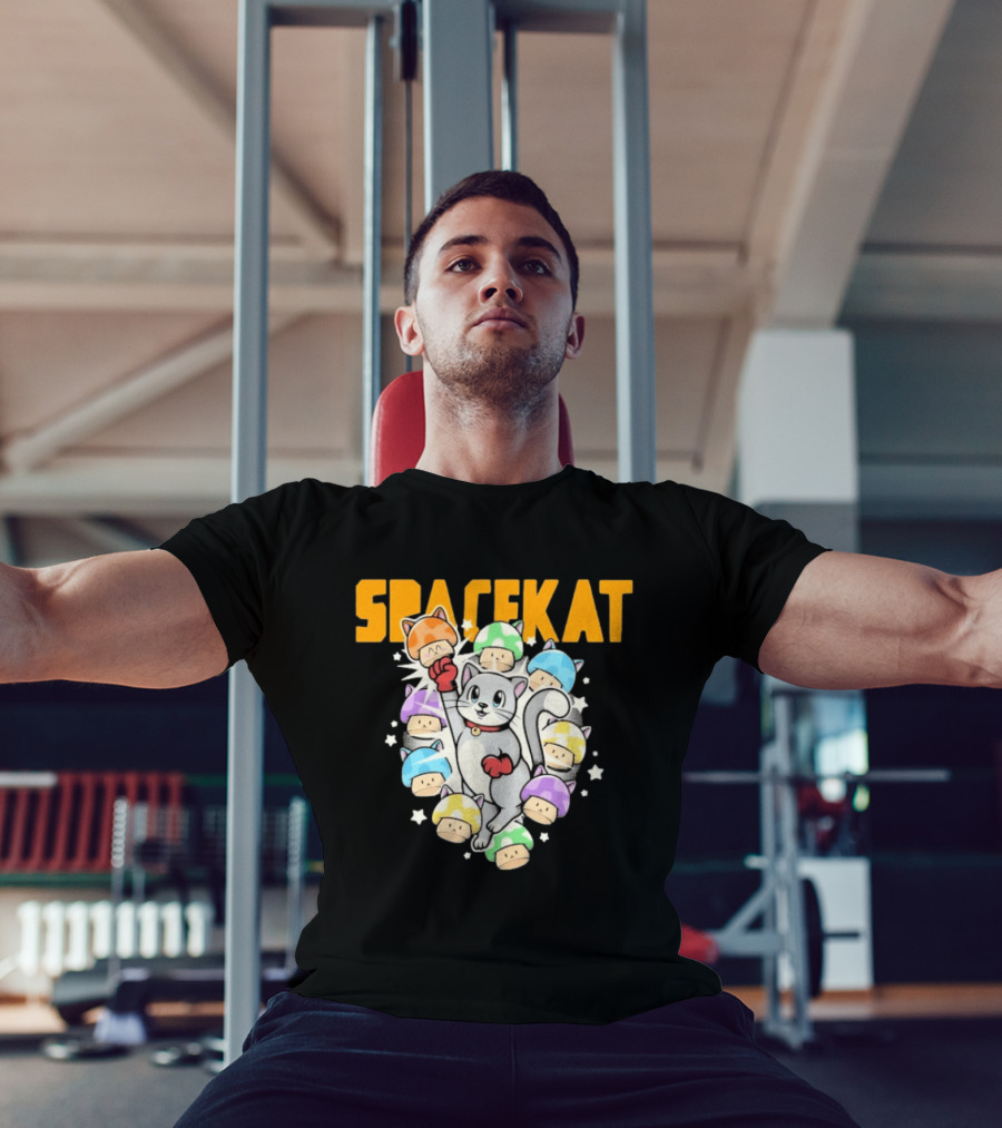 Spacekat Cat Surrounded By Colorful Mushroom Characters T-Shirt