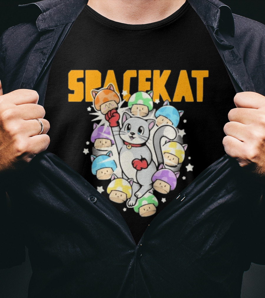 Spacekat Cat Surrounded By Colorful Mushroom Characters T-Shirt