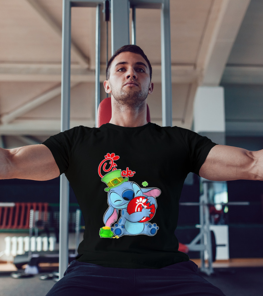 Stitch Holding Chick Fil A Logo With St. Patrick's Day Hat And Clover T-Shirt