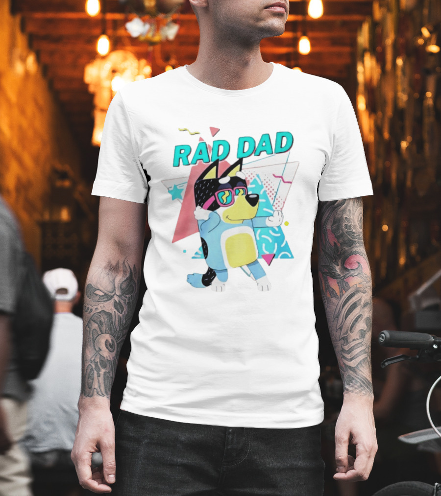Blue Dog Rad Dad Retro Vibes With Sunglasses And Geometric T-Shirt