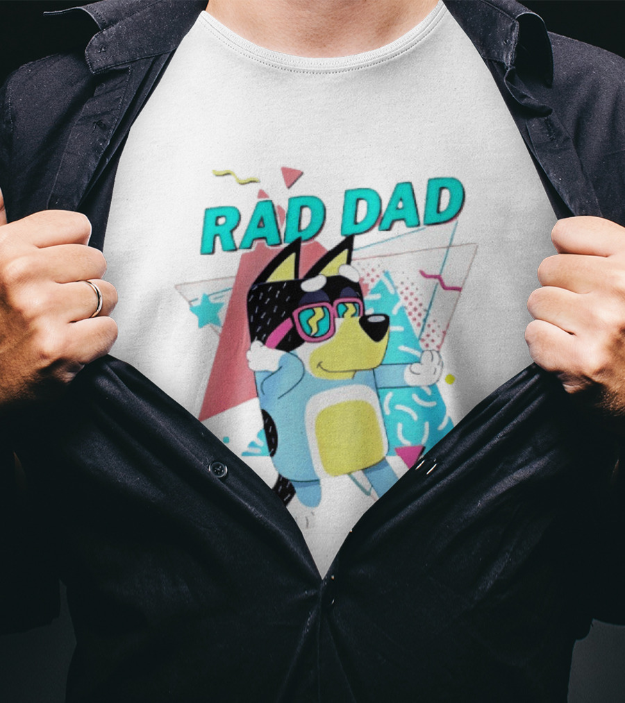 Blue Dog Rad Dad Retro Vibes With Sunglasses And Geometric T-Shirt