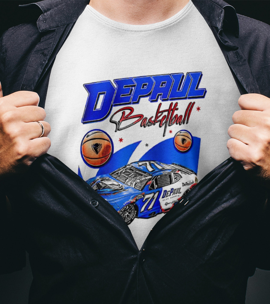 DePaul Basketball NASCAR Collaboration With Blue Race Car And Basketball T-Shirt