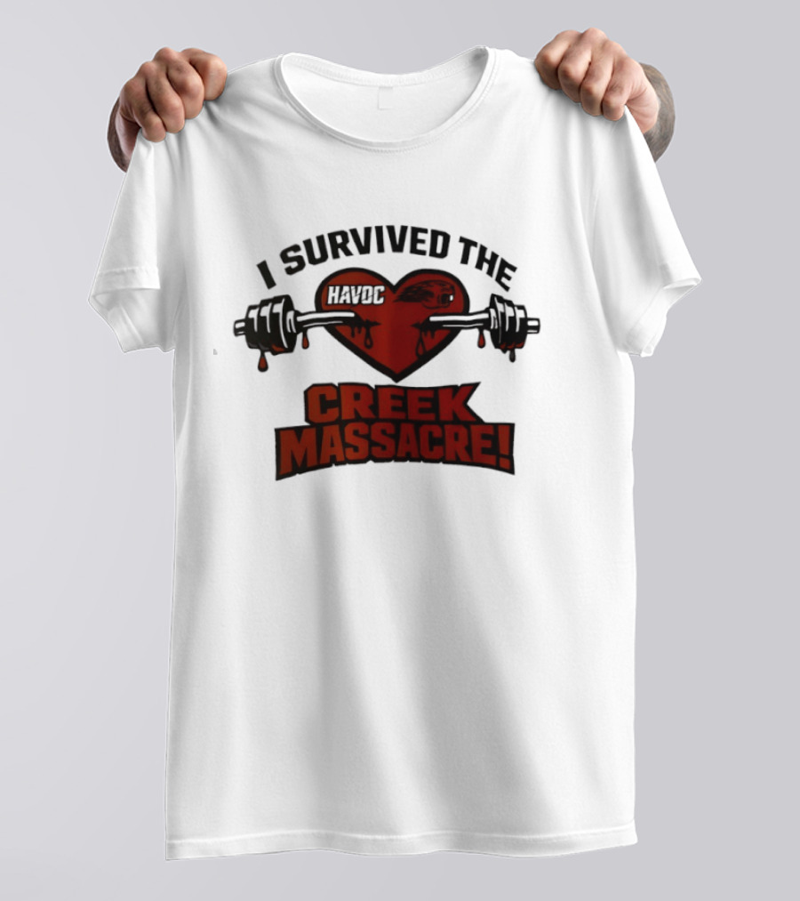 I Survived The Havoc Creek Massacre Heart Barbell Blood Gym Horror T-Shirt