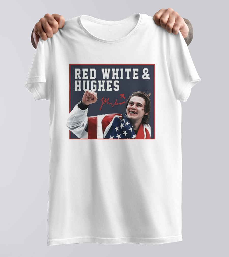 Red White & Hughes Jack Hughes USA Hockey 2026 Golden Goal T-Shirt