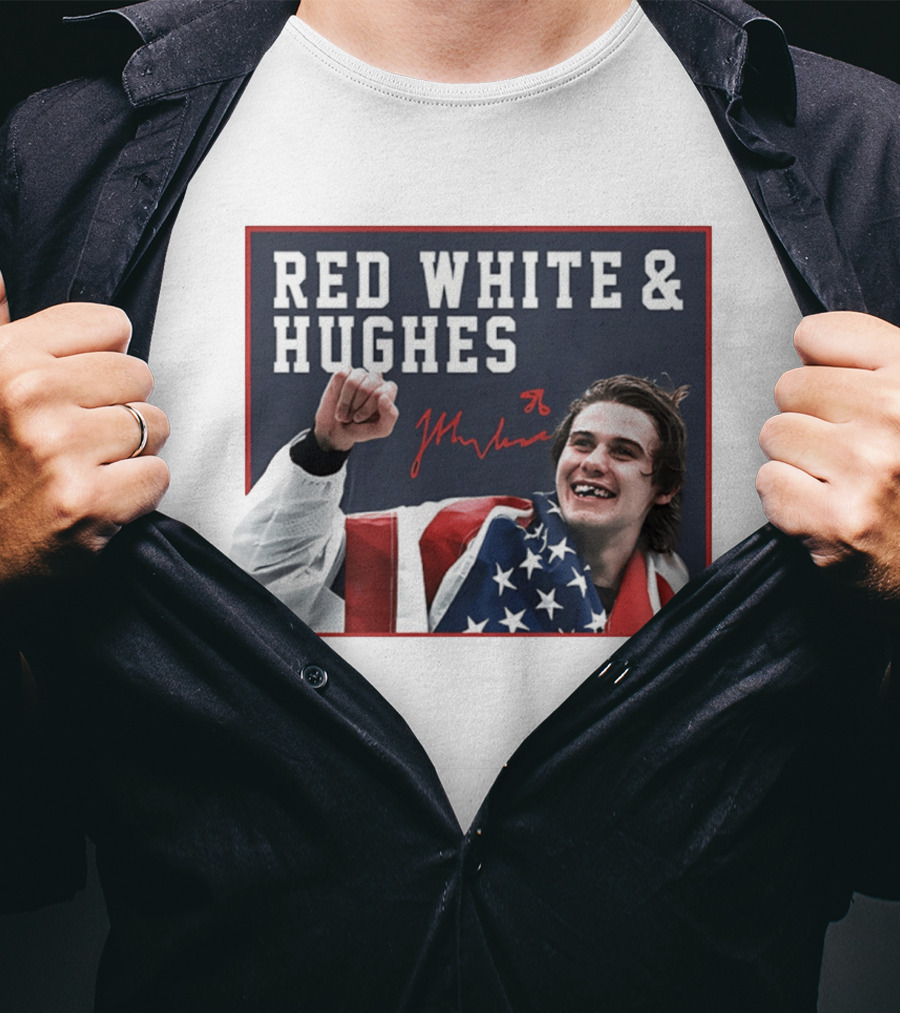 Red White & Hughes Jack Hughes USA Hockey 2026 Golden Goal T-Shirt