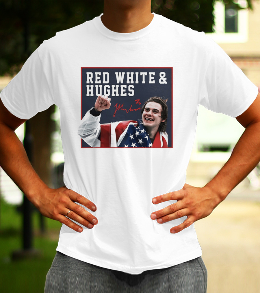 Red White & Hughes Jack Hughes USA Hockey 2026 Golden Goal T-Shirt