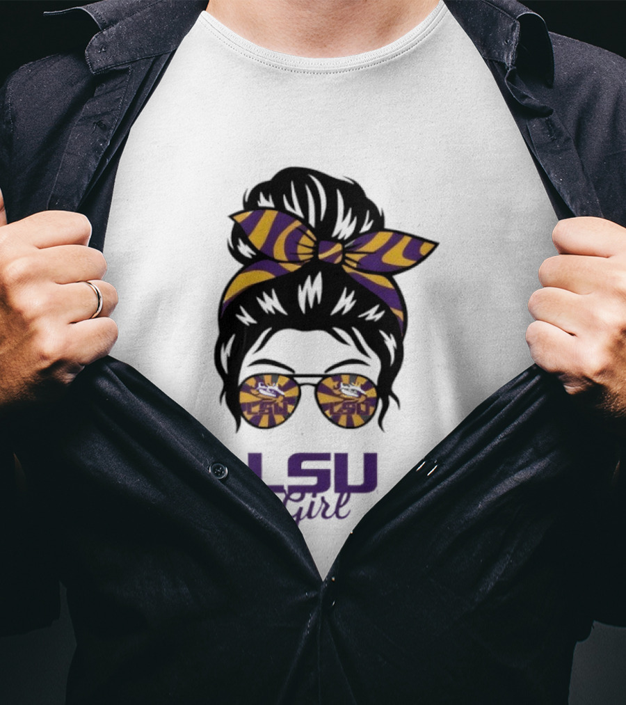 LSU Tigers Girl Purple Yellow Stripes Messy Bun Glasses T-Shirt