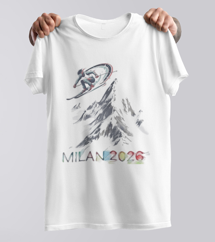 Milan 2026 Winter Olympic Ski And Snowboard Event With Colorful Rings T-Shirt