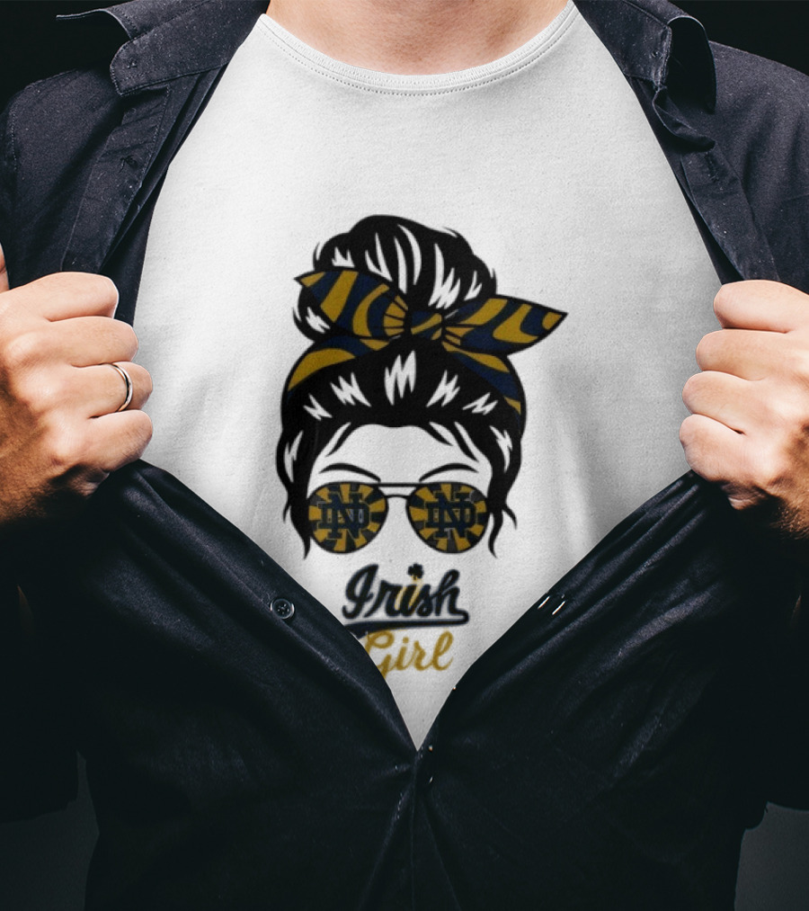 Notre Dame Irish Girl Messy Bun ND Glasses Bow T-Shirt
