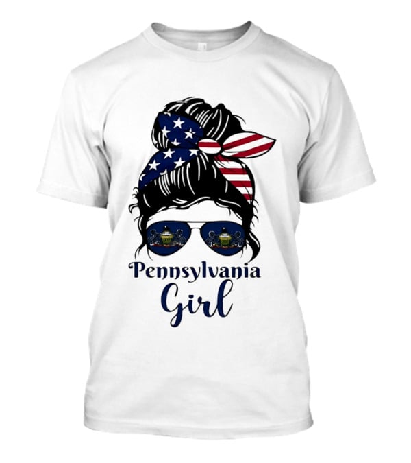 Pennsylvania Girl Messy Bun American Flag Bandana Sunglasses T-Shirt
