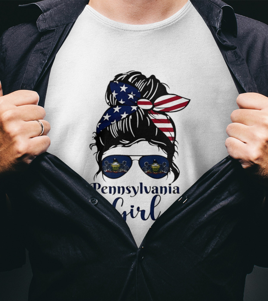 Pennsylvania Girl Messy Bun American Flag Bandana Sunglasses T-Shirt