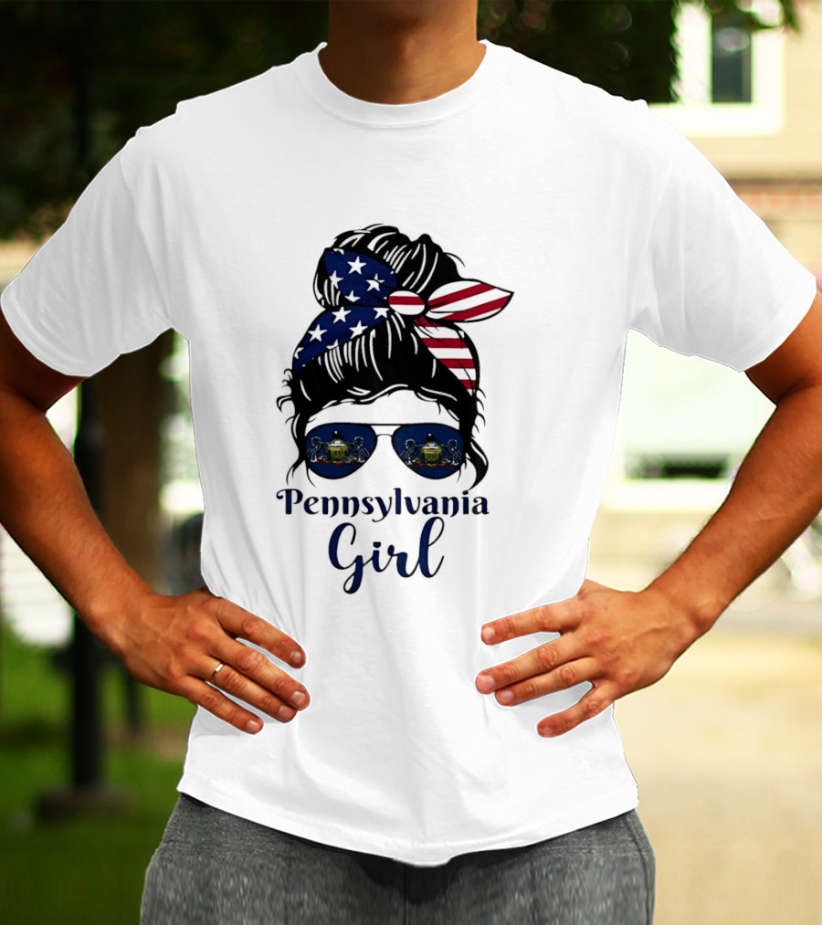 Pennsylvania Girl Messy Bun American Flag Bandana Sunglasses T-Shirt