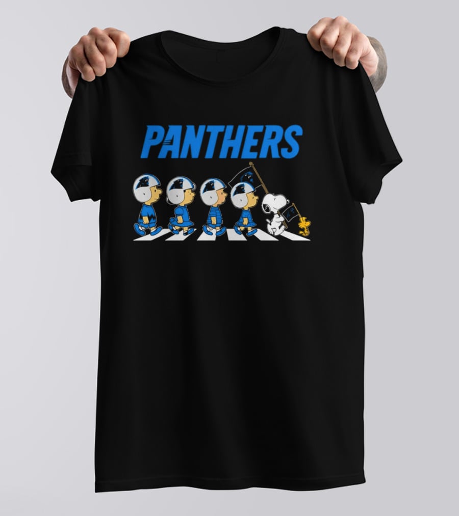 Peanuts Carolina Panthers Football Characters Walking With Flag T-Shirt