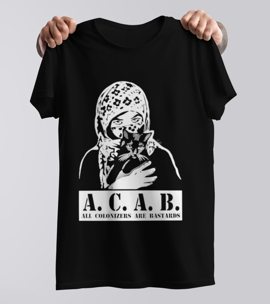 A.C.A.B. All Colonizers Are Bastards Protest Image With Floral Hijab Woman And Cat T-Shirt