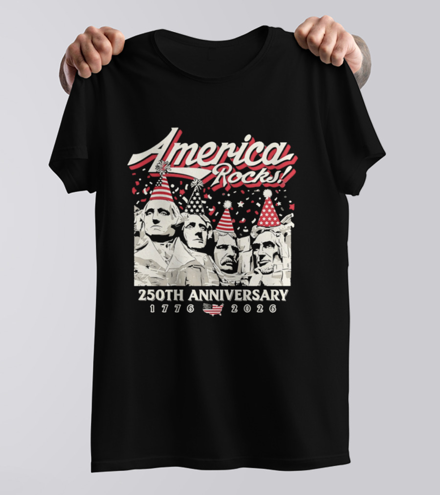 America Rocks 250th Anniversary 1776 2026 Mount Rushmore Party Hats T-Shirt