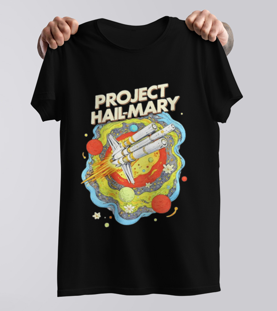 Project Hail Mary Rocket Launching Through Colorful Space Planets T-Shirt