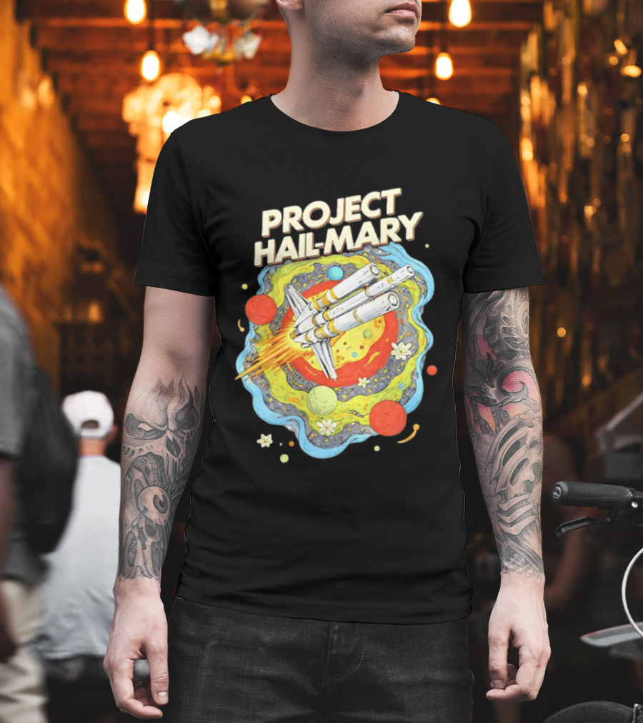 Project Hail Mary Rocket Launching Through Colorful Space Planets T-Shirt