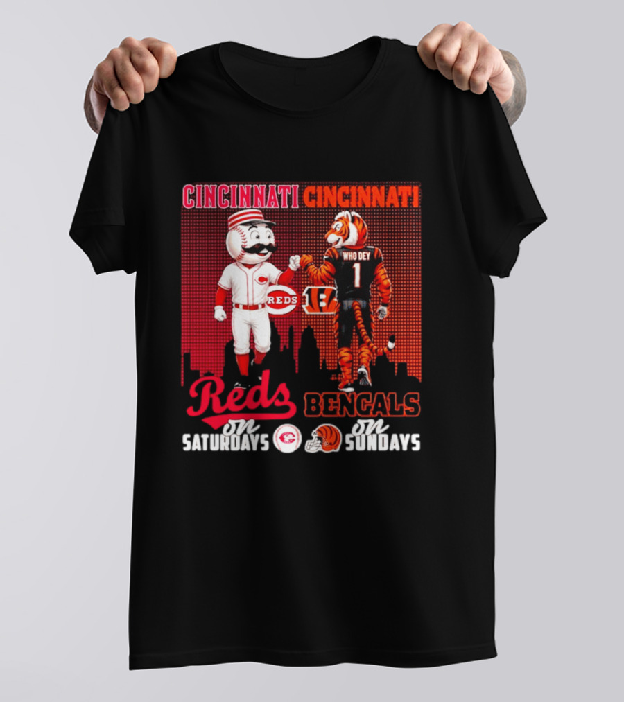 Cincinnati Reds Saturdays Vs Bengals Sundays City Mascots Skyline T-Shirt