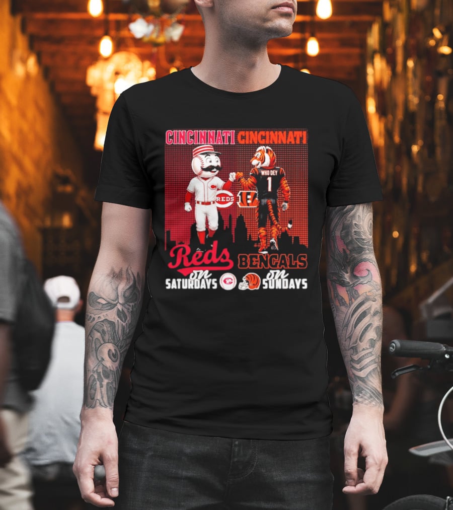 Cincinnati Reds Saturdays Vs Bengals Sundays City Mascots Skyline T-Shirt
