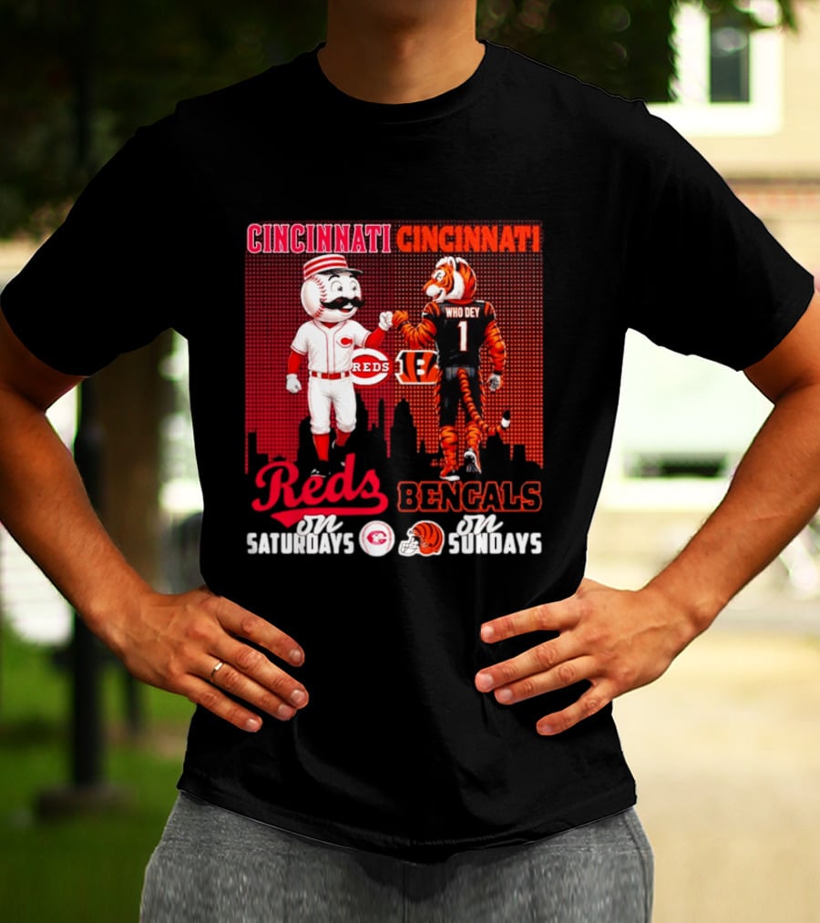 Cincinnati Reds Saturdays Vs Bengals Sundays City Mascots Skyline T-Shirt