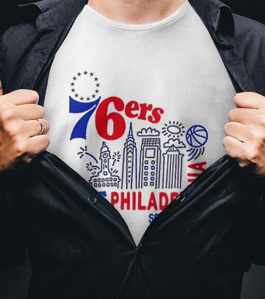 Philadelphia 76ers Snipes City Skyline Sketch Basketball T-Shirt
