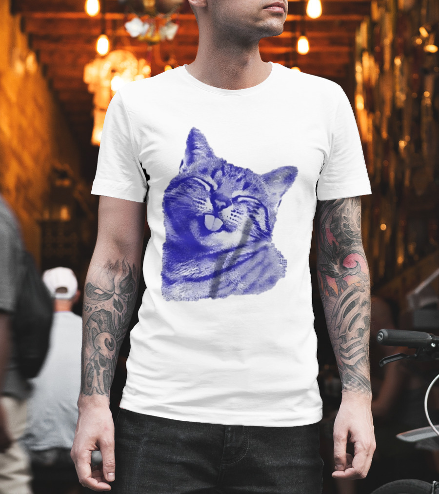 Playful Cat Sticking Out Tongue In Blue Tint T-Shirt