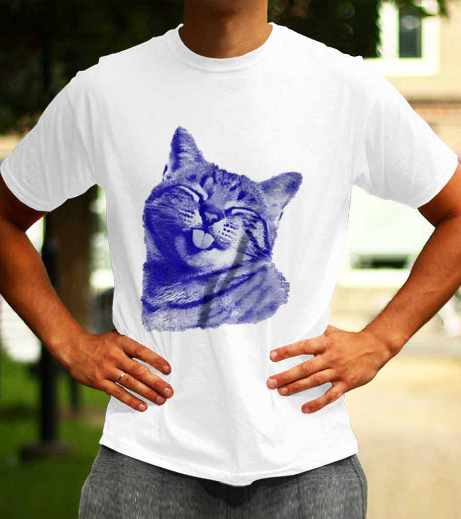 Playful Cat Sticking Out Tongue In Blue Tint T-Shirt