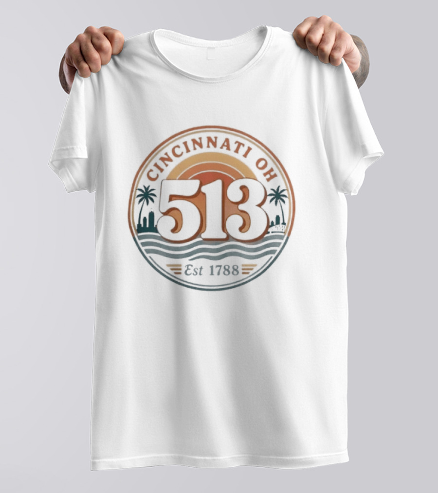 Cincinnati Ohio 513 Est 1788 Retro Sunset Palms T-Shirt