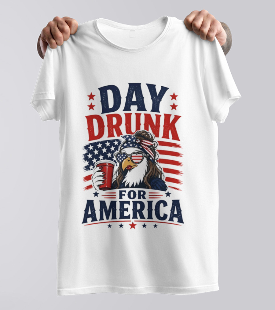 Day Drunk For America Patriotic Eagle With Flag And Red Cup T-Shirt