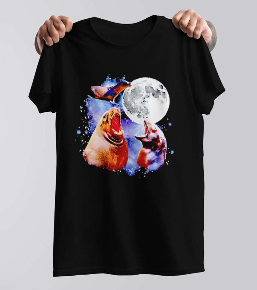 Sea Lion Trio Howling At The Moon In Outer Space Scene T-Shirt