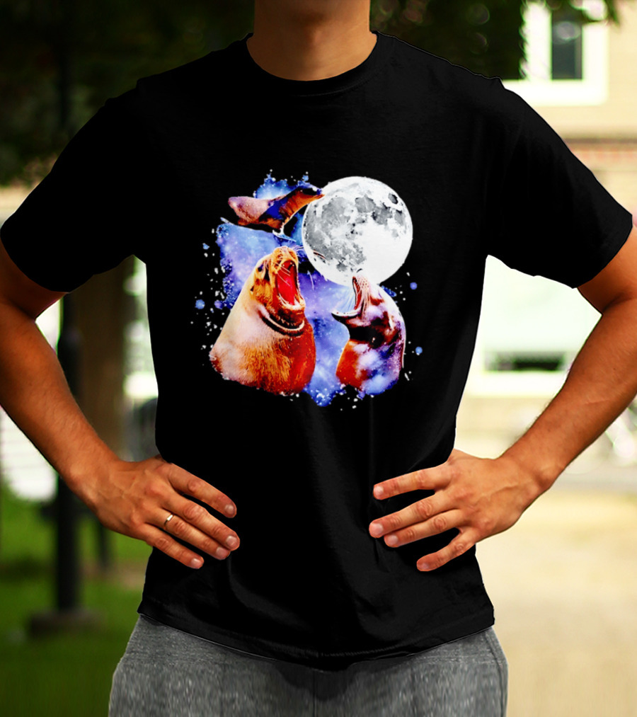 Sea Lion Trio Howling At The Moon In Outer Space Scene T-Shirt