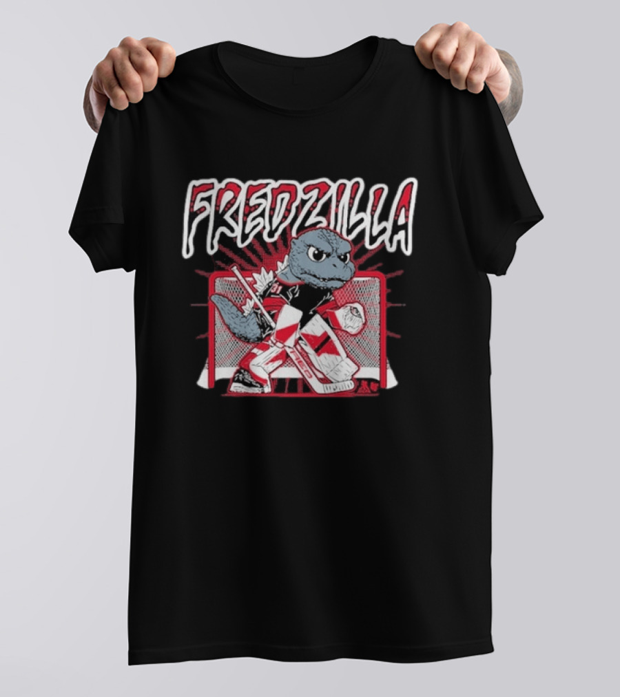 FredZilla Hockey Goalie Monster Art With Equipment And Net T-Shirt