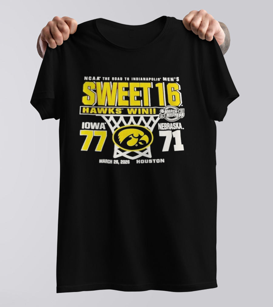 NCAA March Madness The Road To Indianapolis Men's Sweet 16 Hawks Win Iowa 77 Nebraska 71 March 25 1989 Houston T-Shirt