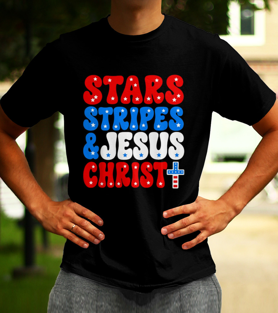 Patriotic Stars Stripes Jesus Christ Christian Faith Cross T-Shirt