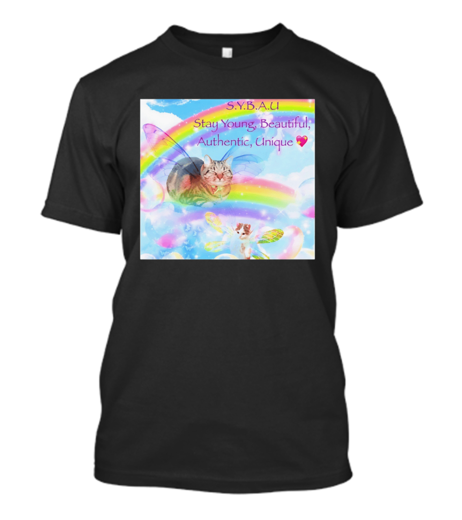 S.Y.B.A.U Stay Young Beautiful Authentic Unique Cat Rainbow Wings T-Shirt