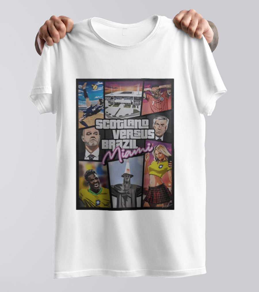 Scotland Versus Brazil Miami Comic Style Soccer Matchup T-Shirt