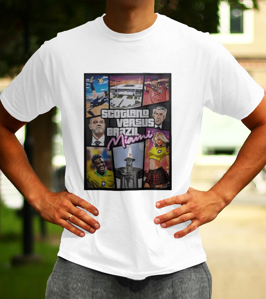 Scotland Versus Brazil Miami Comic Style Soccer Matchup T-Shirt