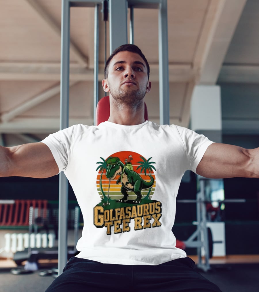 Golfasaurus Rex Rex Dinosaur Playing Golf Sunset Palm Trees T-Shirt
