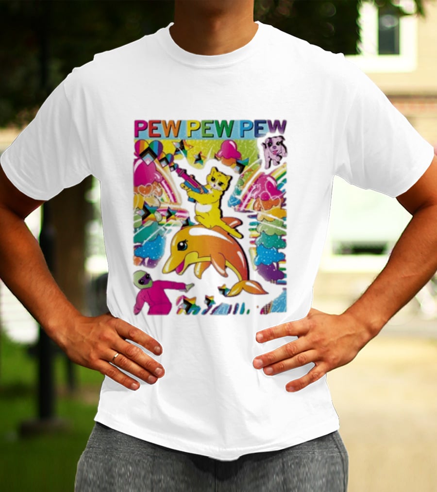 Pew Pew Pew Colorful Cat Dolphin Alien Rainbow T-Shirt