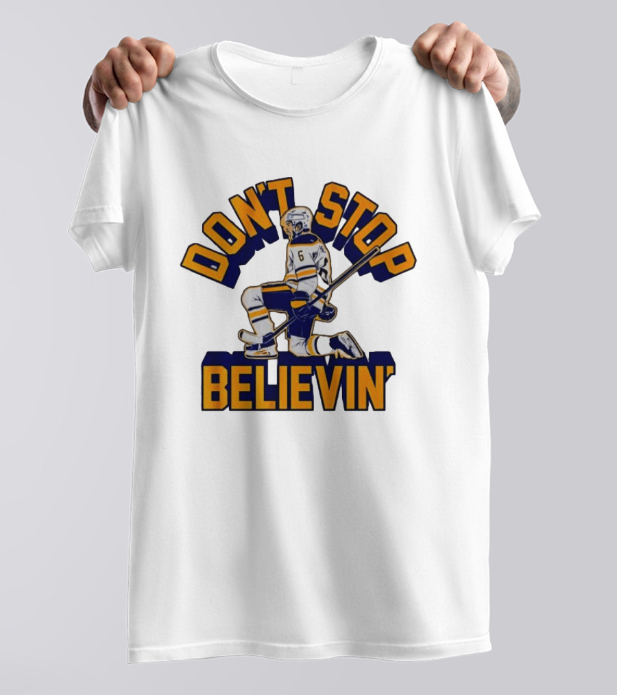 Don't Stop Believin' Hockey Player Number 6 Kneeling Pose T-Shirt