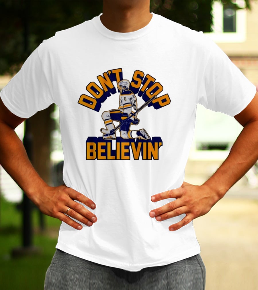 Don't Stop Believin' Hockey Player Number 6 Kneeling Pose T-Shirt