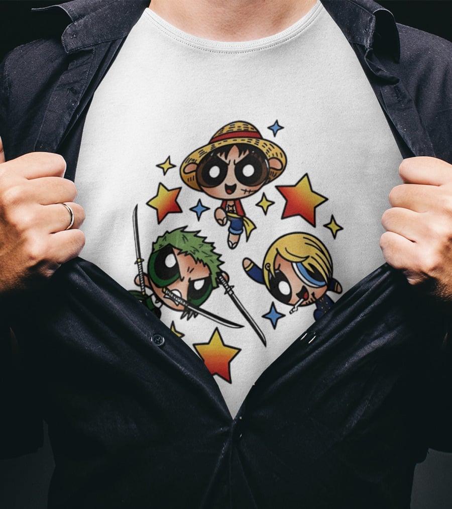 Luffy Zoro Sanji Fusion One Piece Powerpuff Girls Crossover Cute Anime Stars T-Shirt