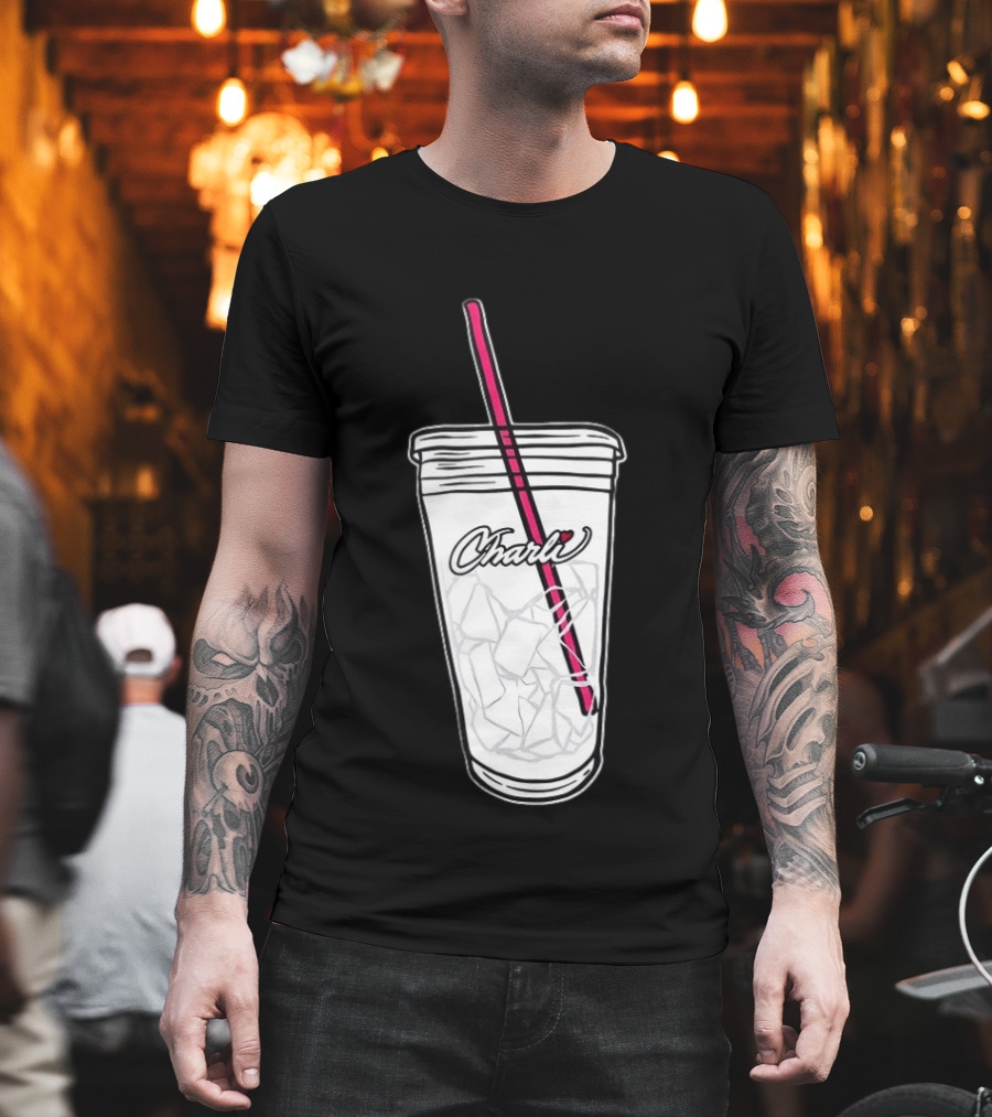 Charli Iced Coffee Cup Pink Straw Sketch T-Shirt