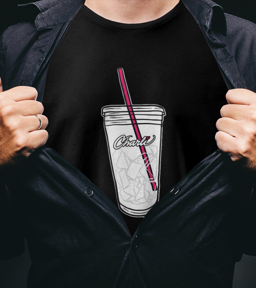 Charli Iced Coffee Cup Pink Straw Sketch T-Shirt