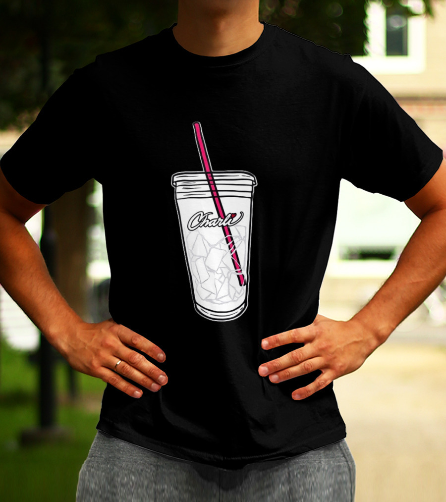 Charli Iced Coffee Cup Pink Straw Sketch T-Shirt