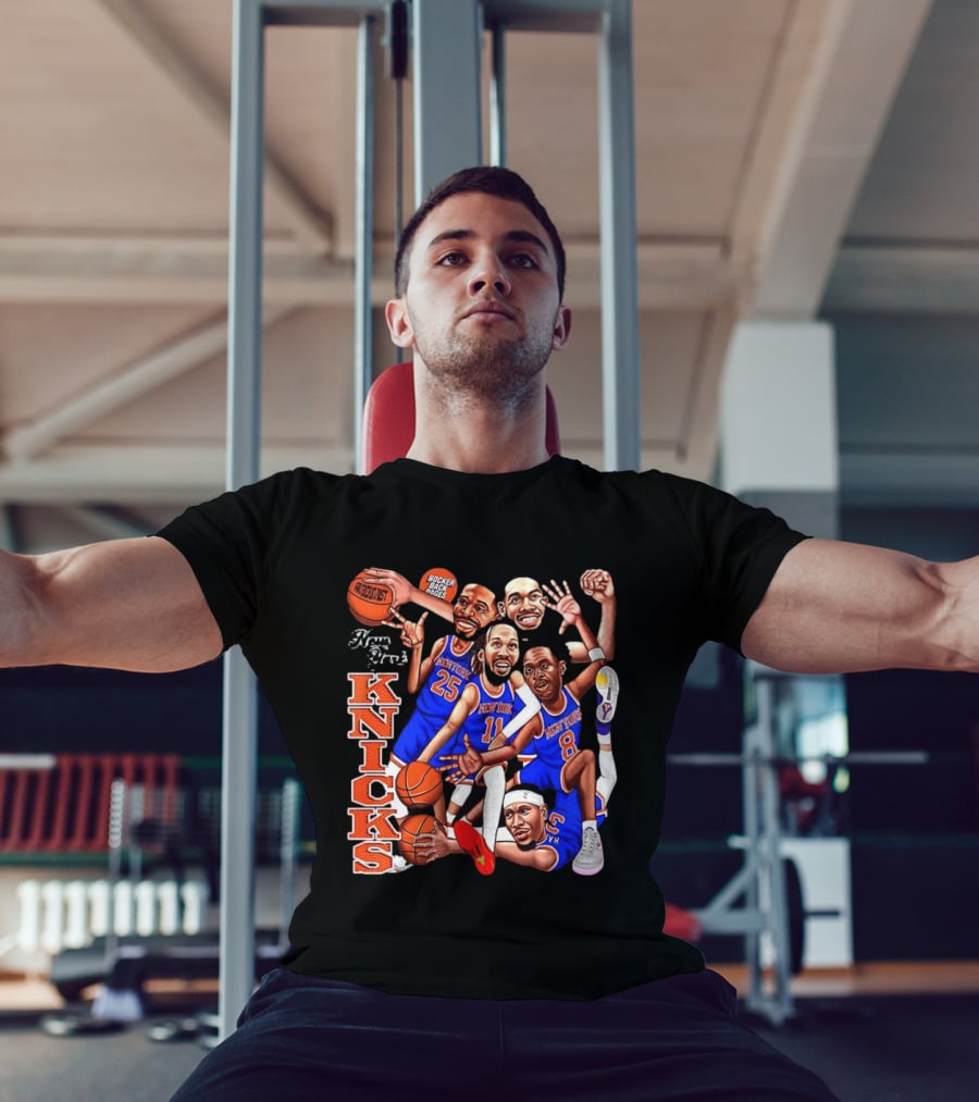 New York Knicks Starting Five 2026 Caricature Dunk Basketball Hoops T-Shirt